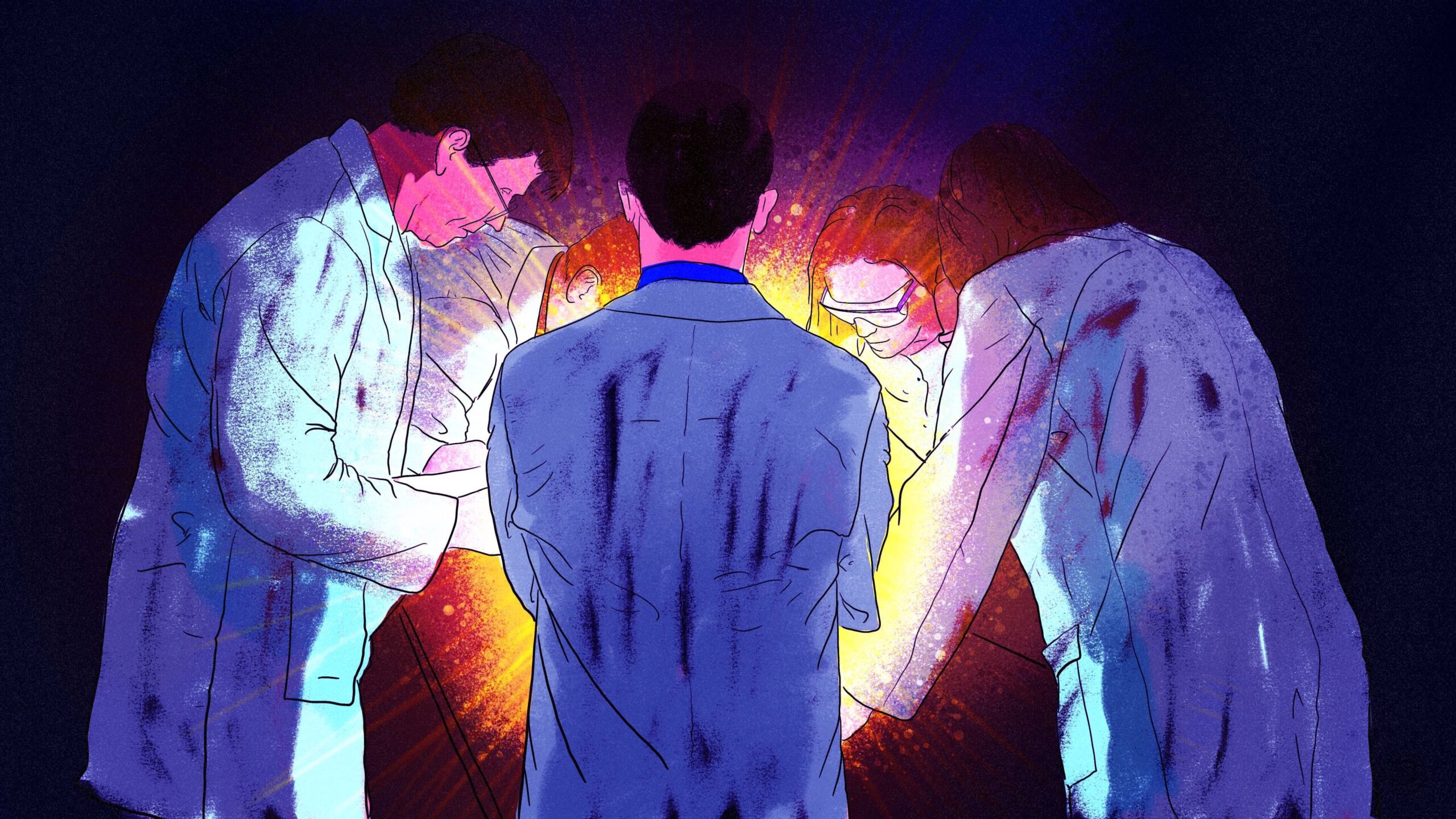 An illustration by Alex Santafe depicting a group of scientists in the verge of discovery