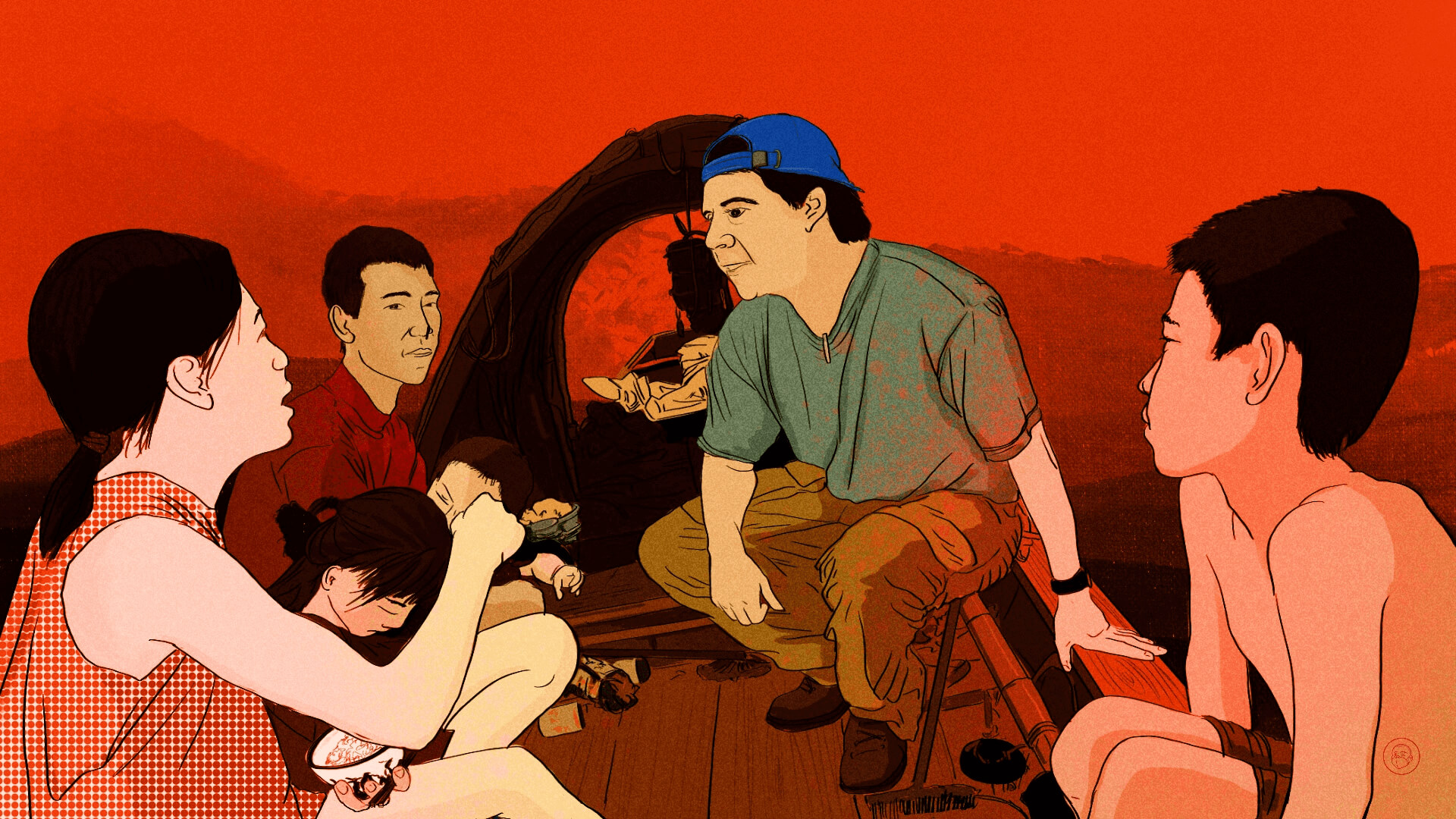 An illustration by Alex Santafe depicting a group of scientists experimenting with monkeys and rats in the backgroud