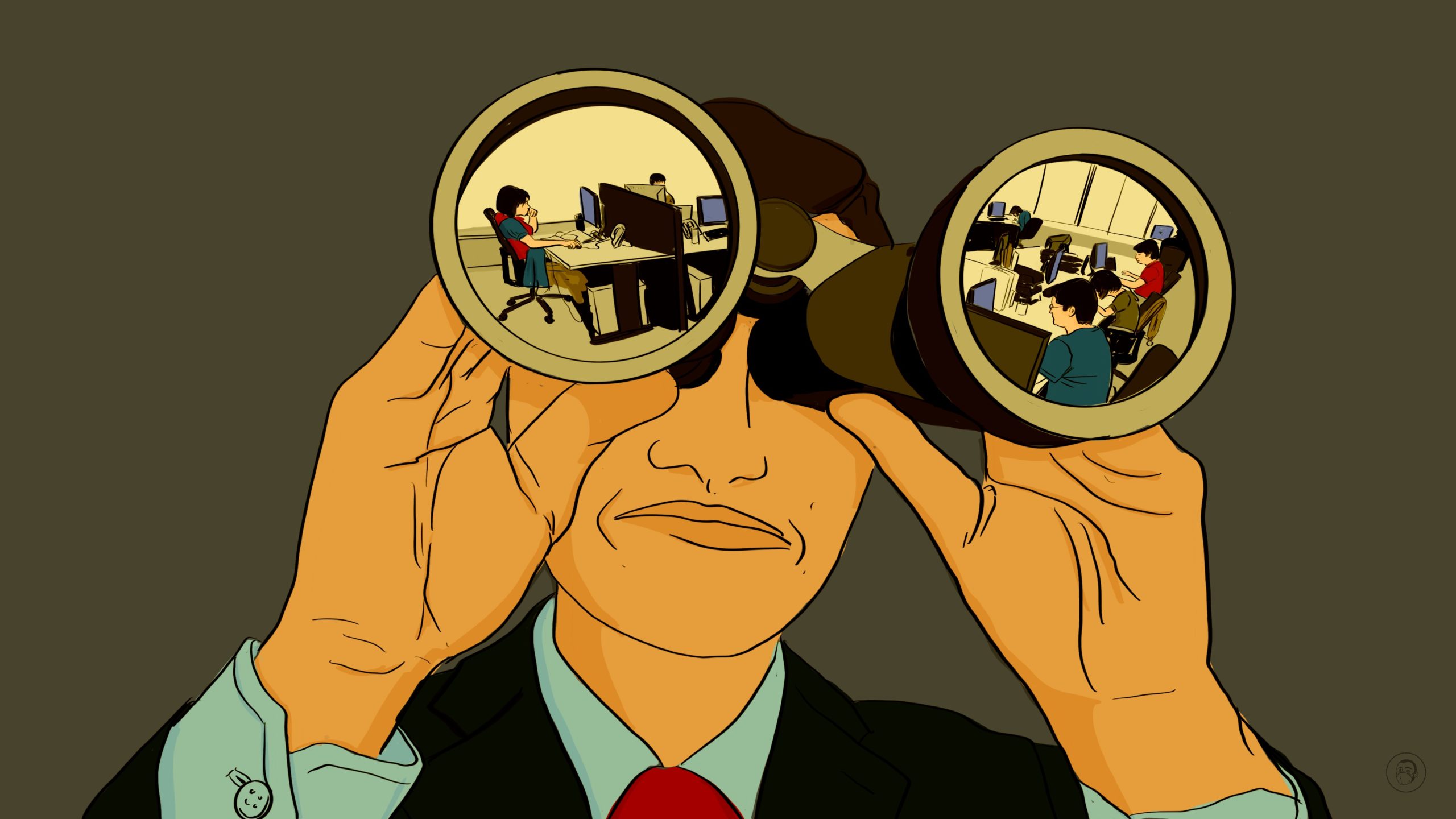 An illustration by Alex Santafe depicting a business owner watching over he's employees in China