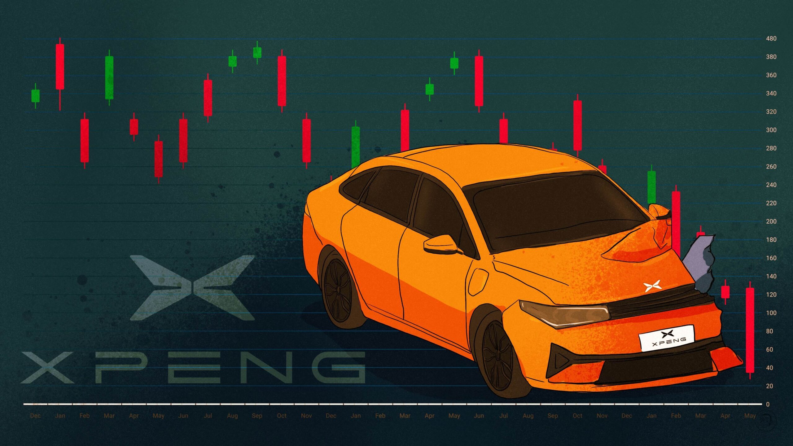 An illustration by Alex Santafe depicting an XPeng electric car crashed on candle bars
