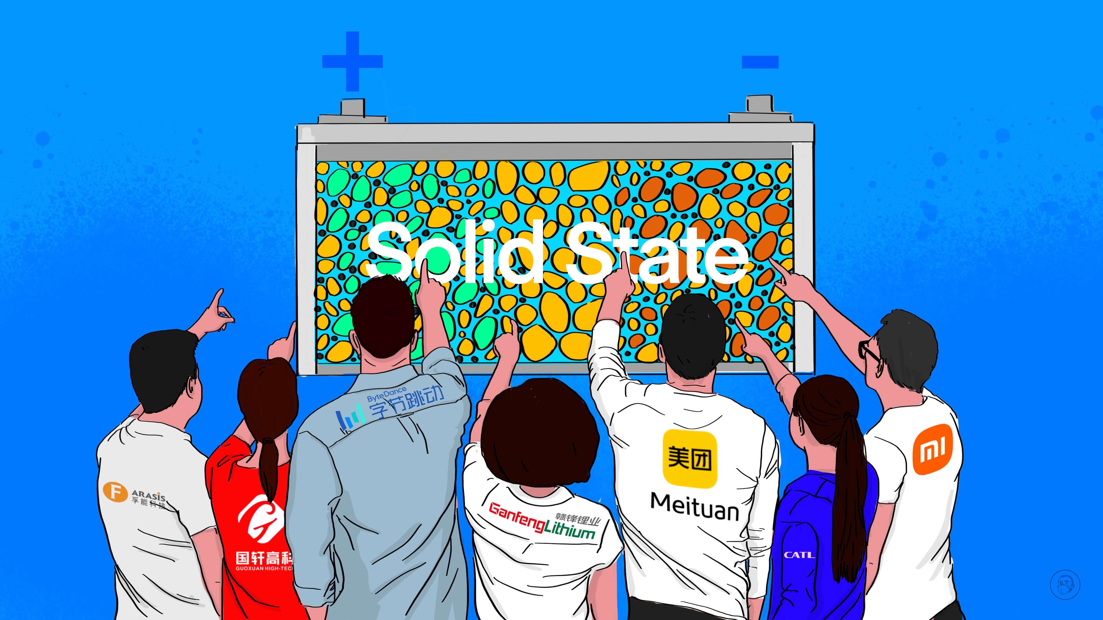 An illustration by Alex Santafe depicting a group of companies poiting at a Solid State EV Battery