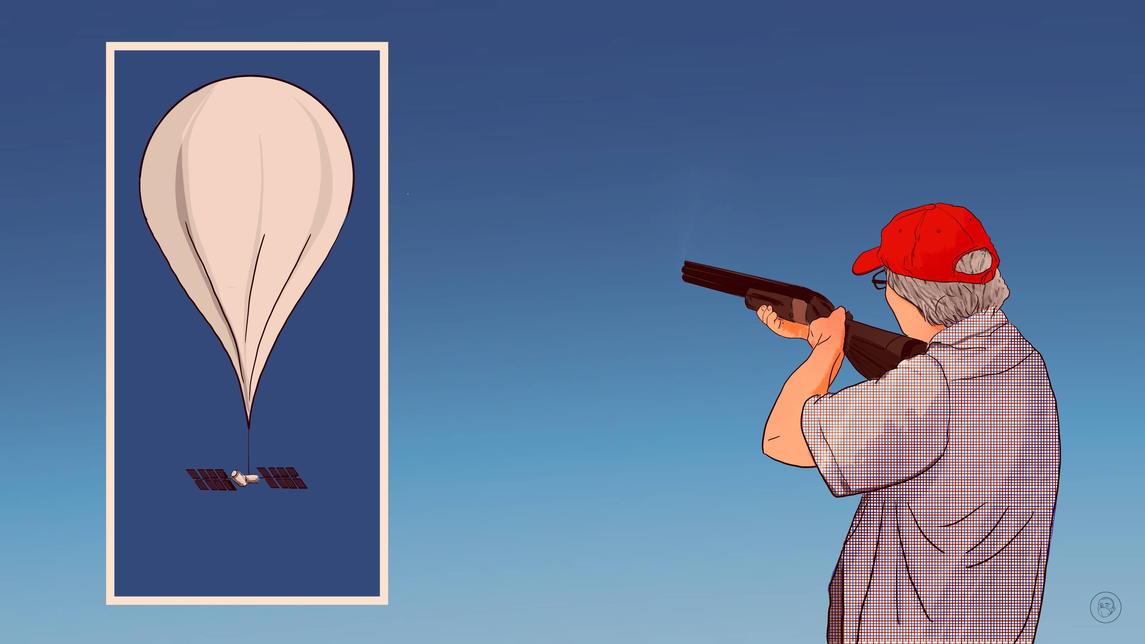 An illustration by Alex Santafe depicting a man pointing a rifle at an air-balloon.