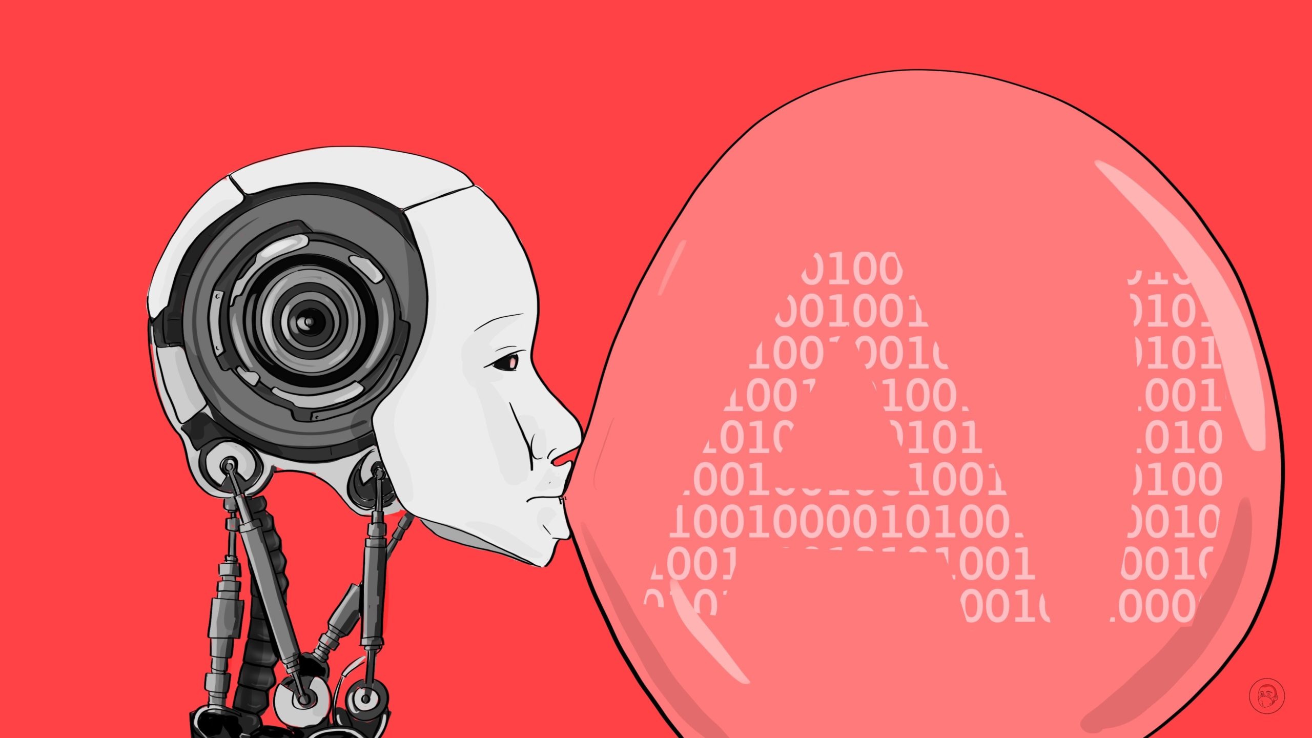 An illustration by Alex Santafe depicting a robot chewing a bubble-gum bubble with the word AI on it about to burst