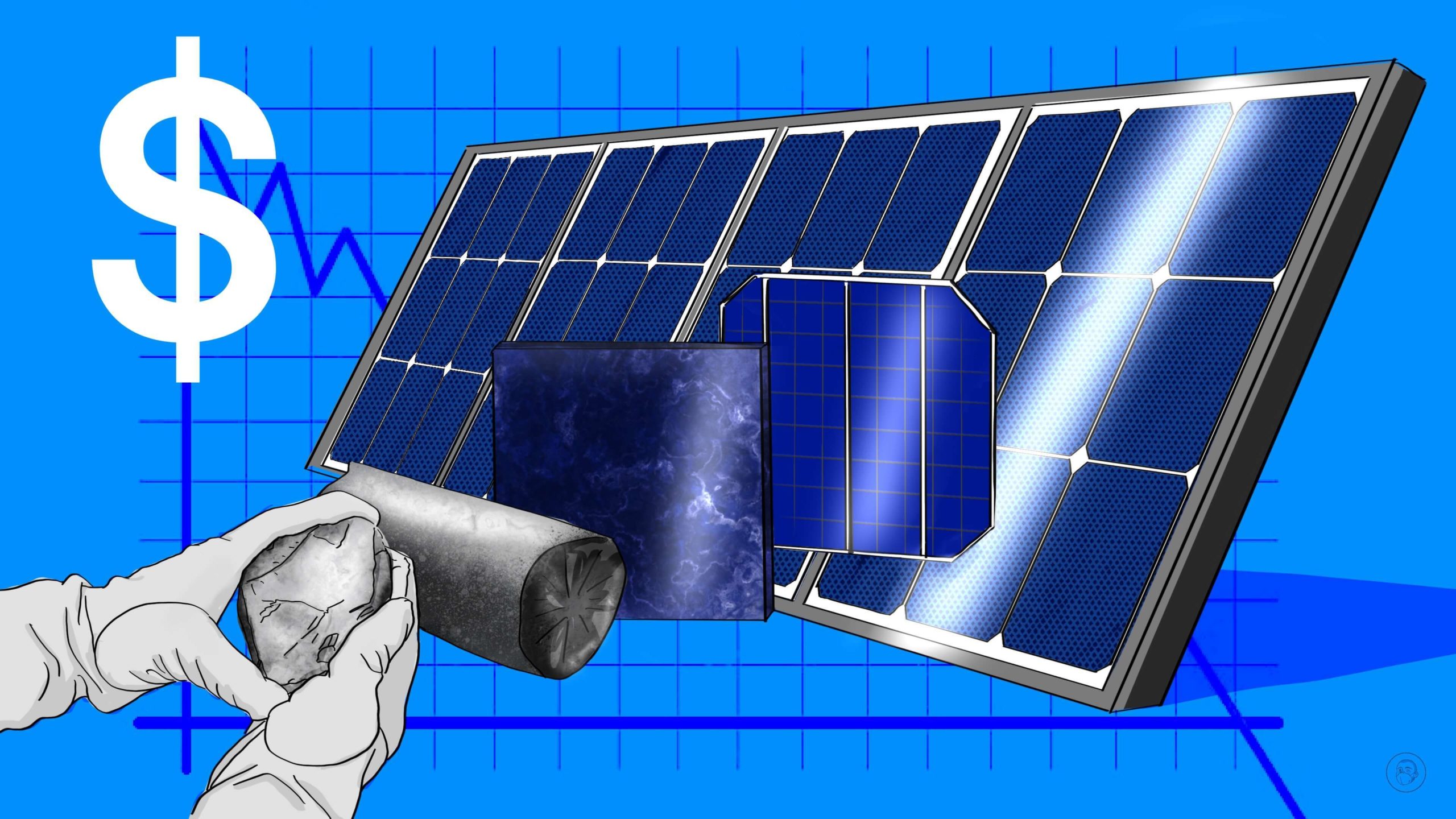 An illustration by Alex Santafe depicting an infographic from silicon mining to solar panel production