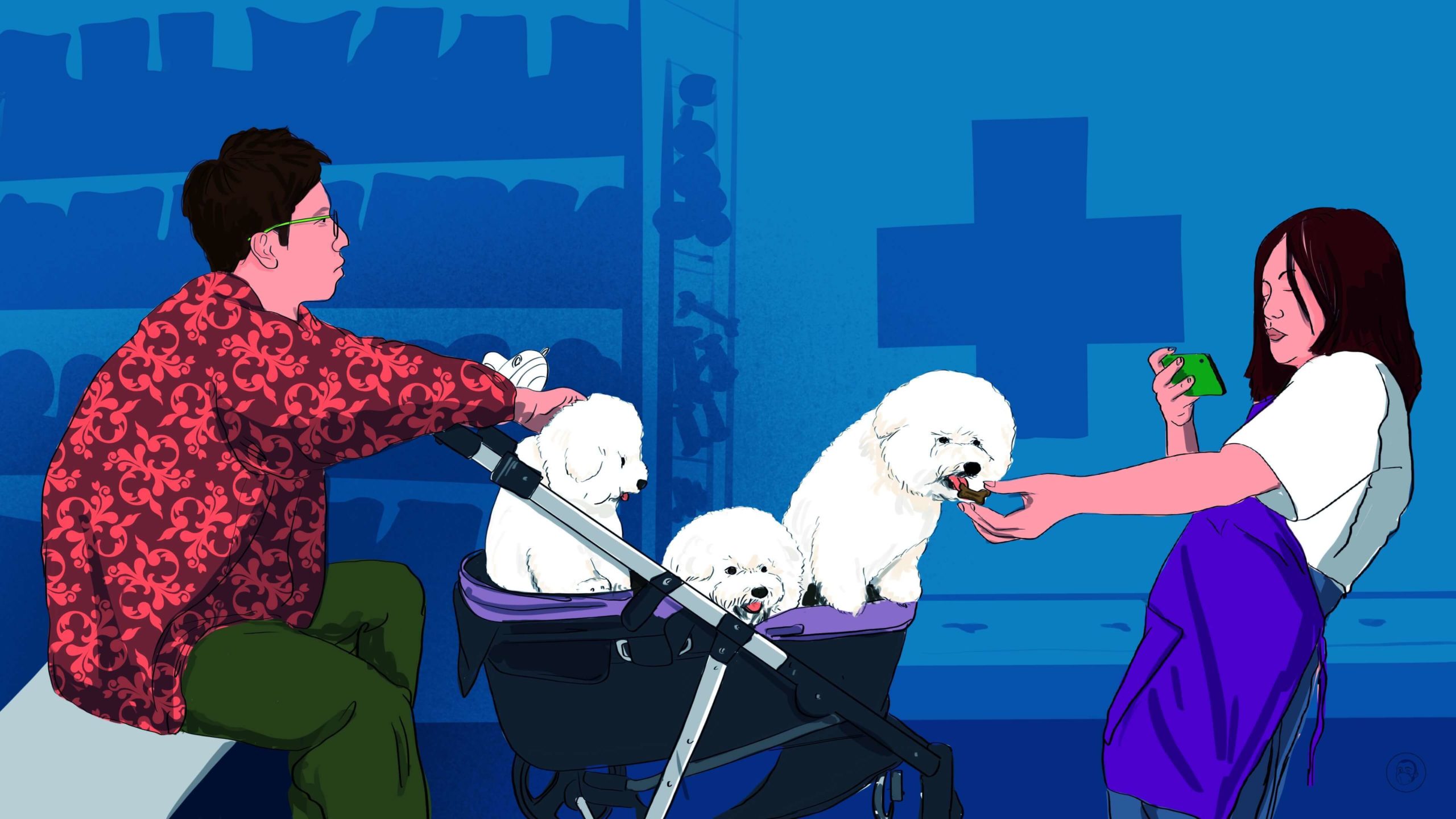An illustration by Alex Santafe depicting a Chinese customers at the veterinary
