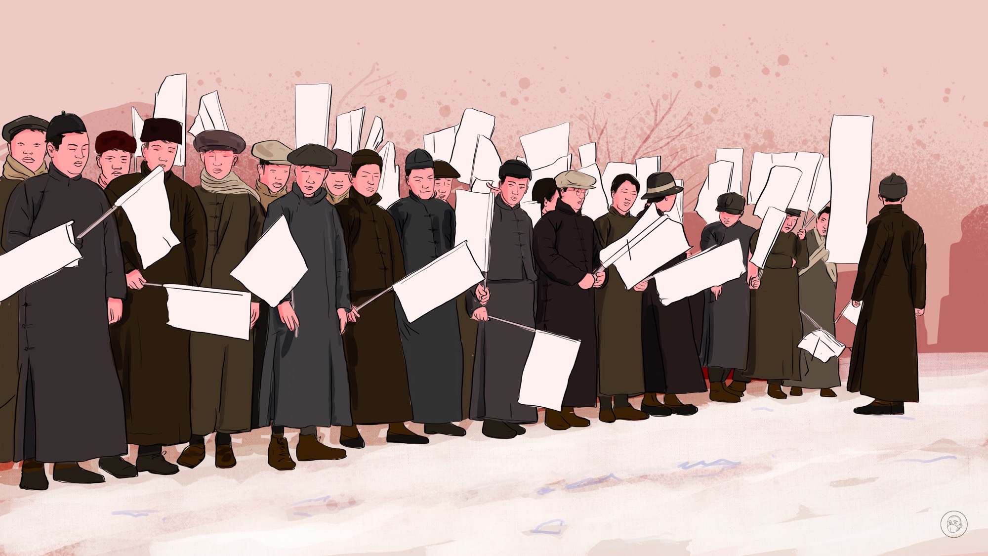 An illustration by Alex Santafe depicting a group of students demonstrating in Beijing 1928