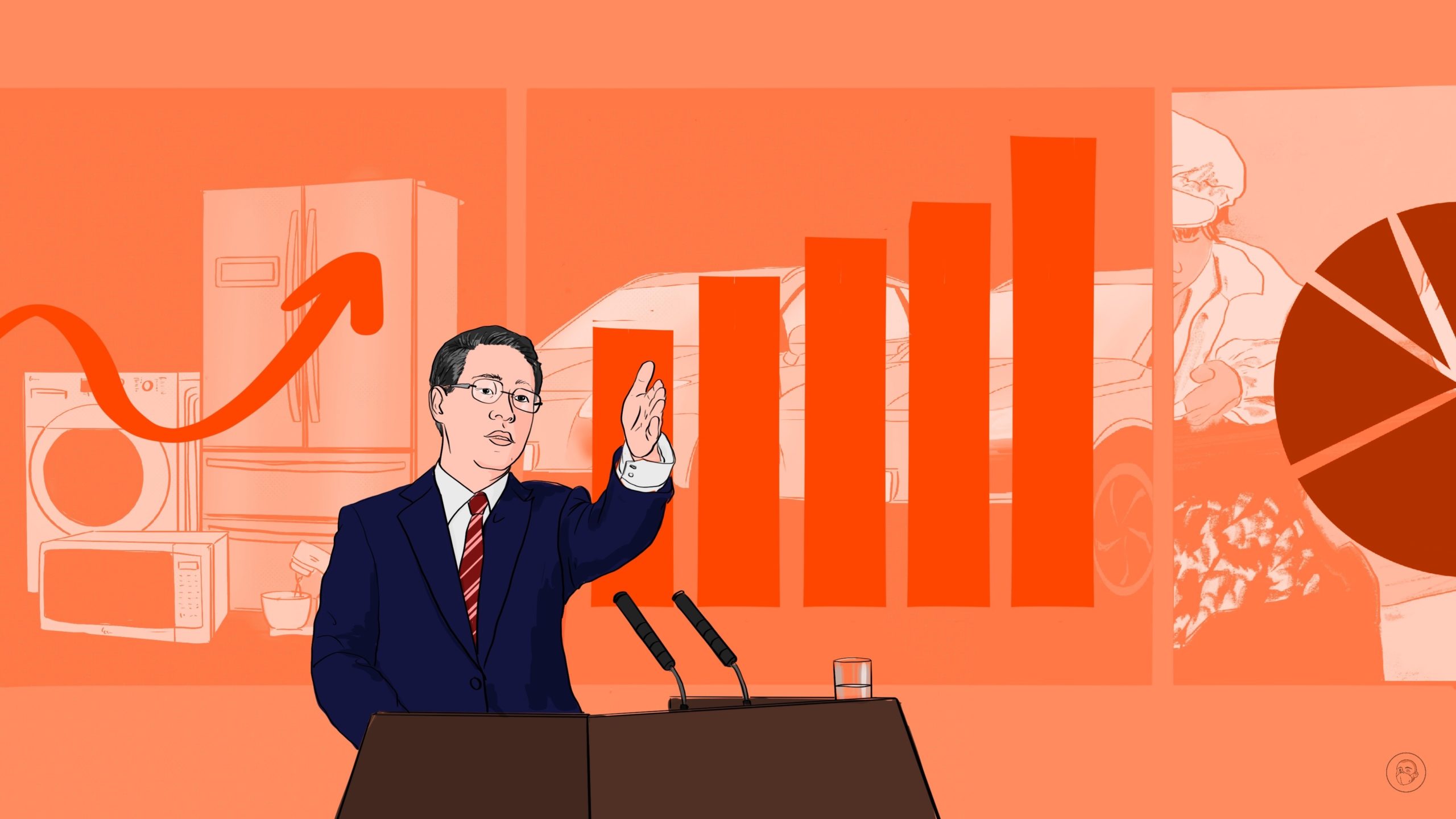 An illustration by Alex Santafe depicting a Chinese POlititian speaking in public showing some economic reforms after COVID