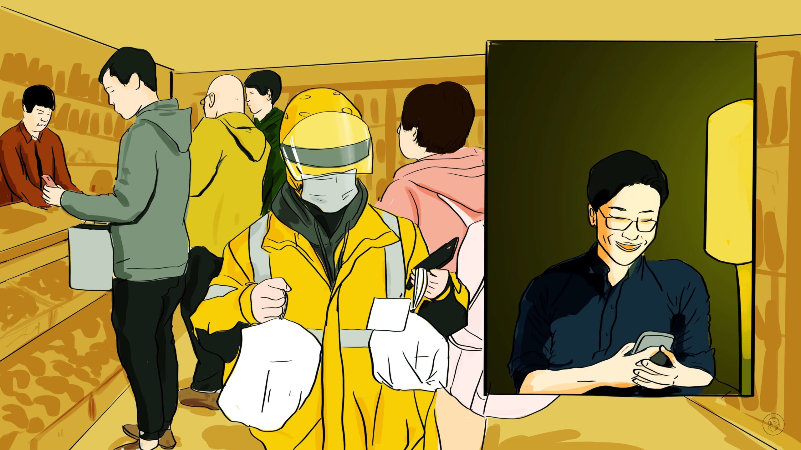 An illustration by Alex Santafe depicting a man ordering food online and a delivery guy quiuing at the restaurant with other customers