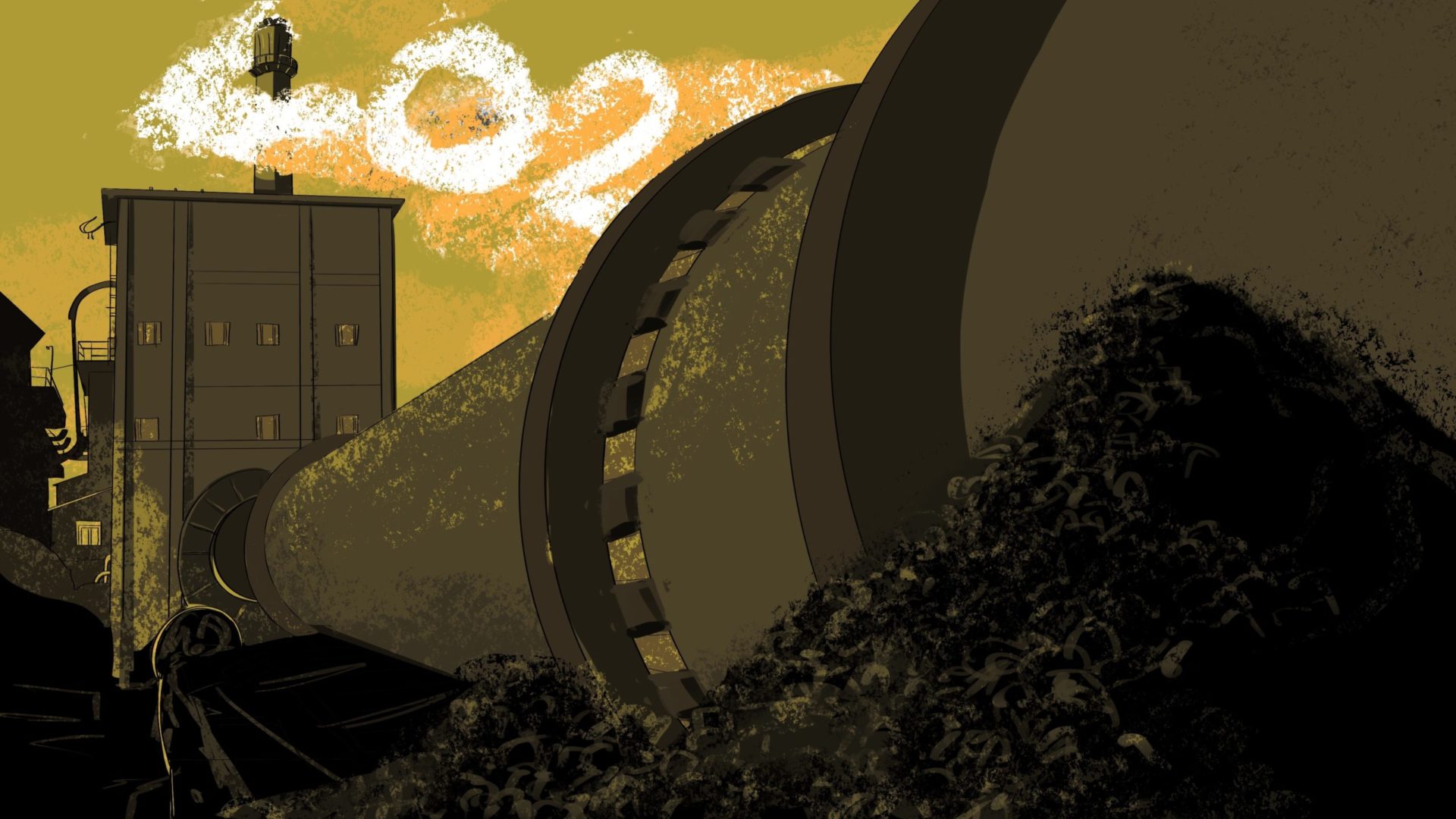 An illustration by Alex Santafe depicting a cement factory in china expelling CO2 from its chimney
