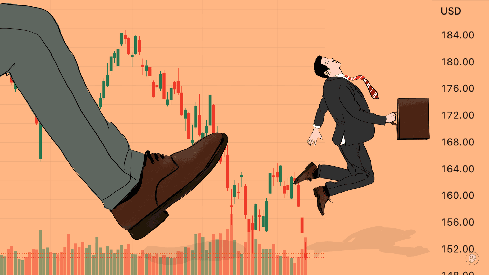 An illustration by Alex Santafe depicting a stock exchange graph with a man being kicked out by a giant foot
