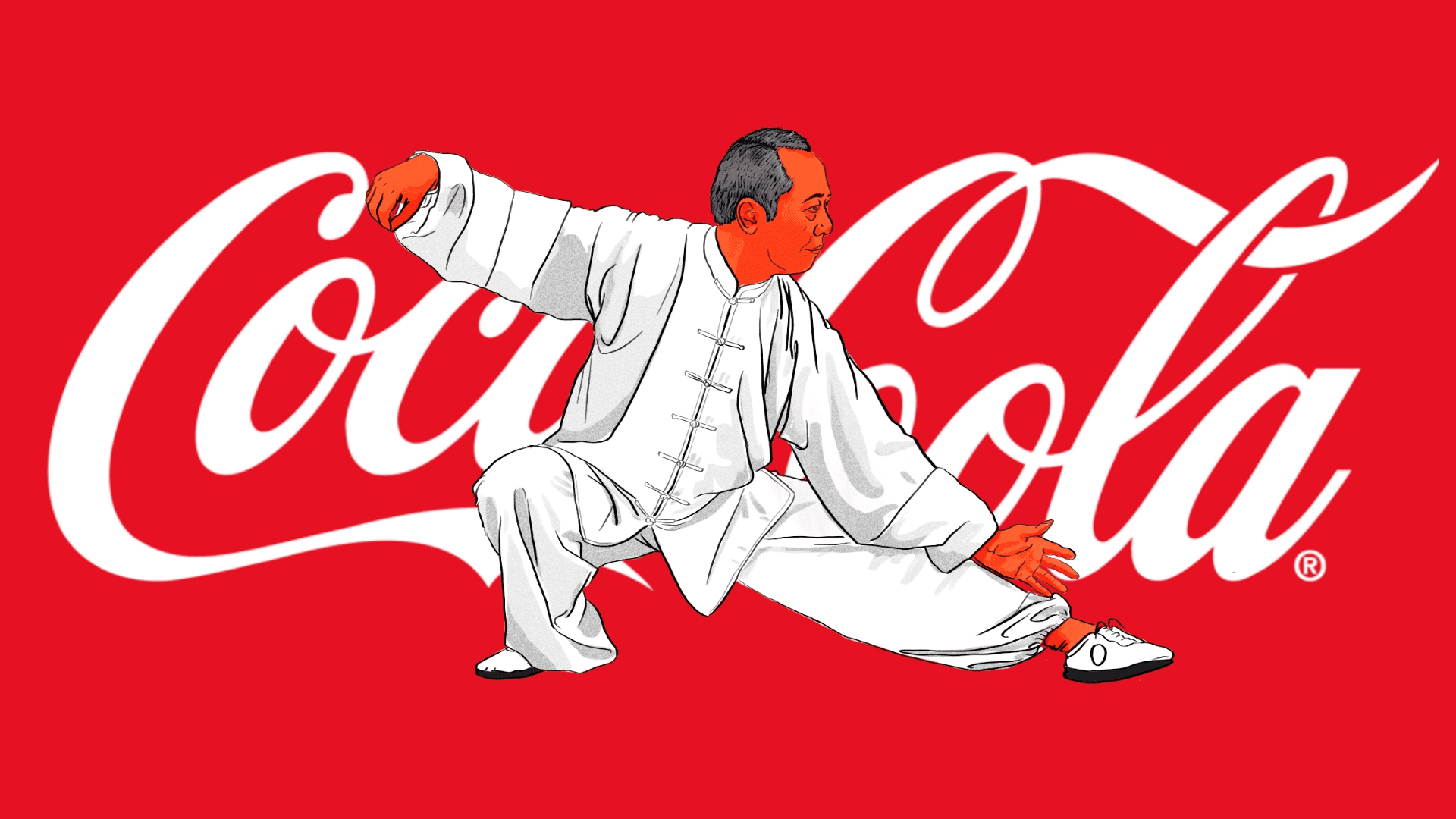 An illustration by Alex Santafe depicting a chinese man practicing Tai Chi behind a Coca-Cola logo