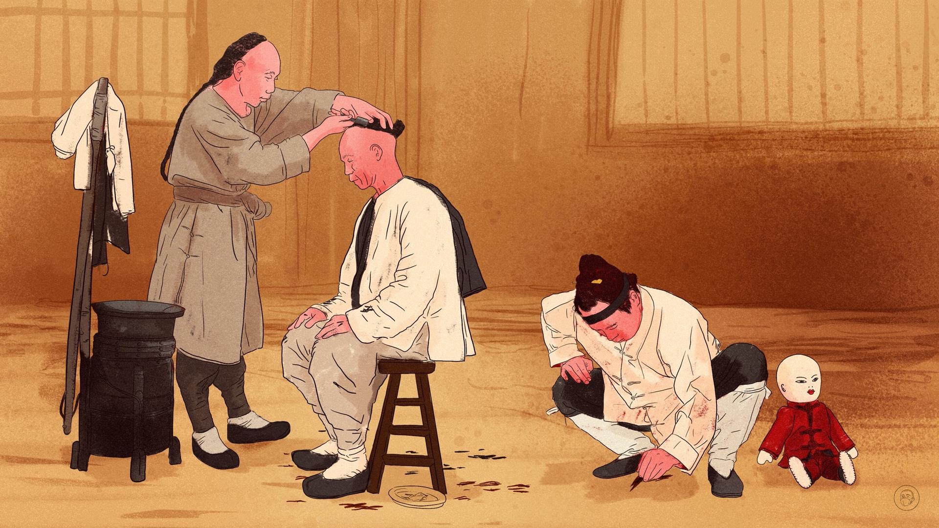 An illustration by Alex Santafe depicting a man cutting another man's hair, while a third man is picking up some hair to create a puppet and still the hair's owner soul.