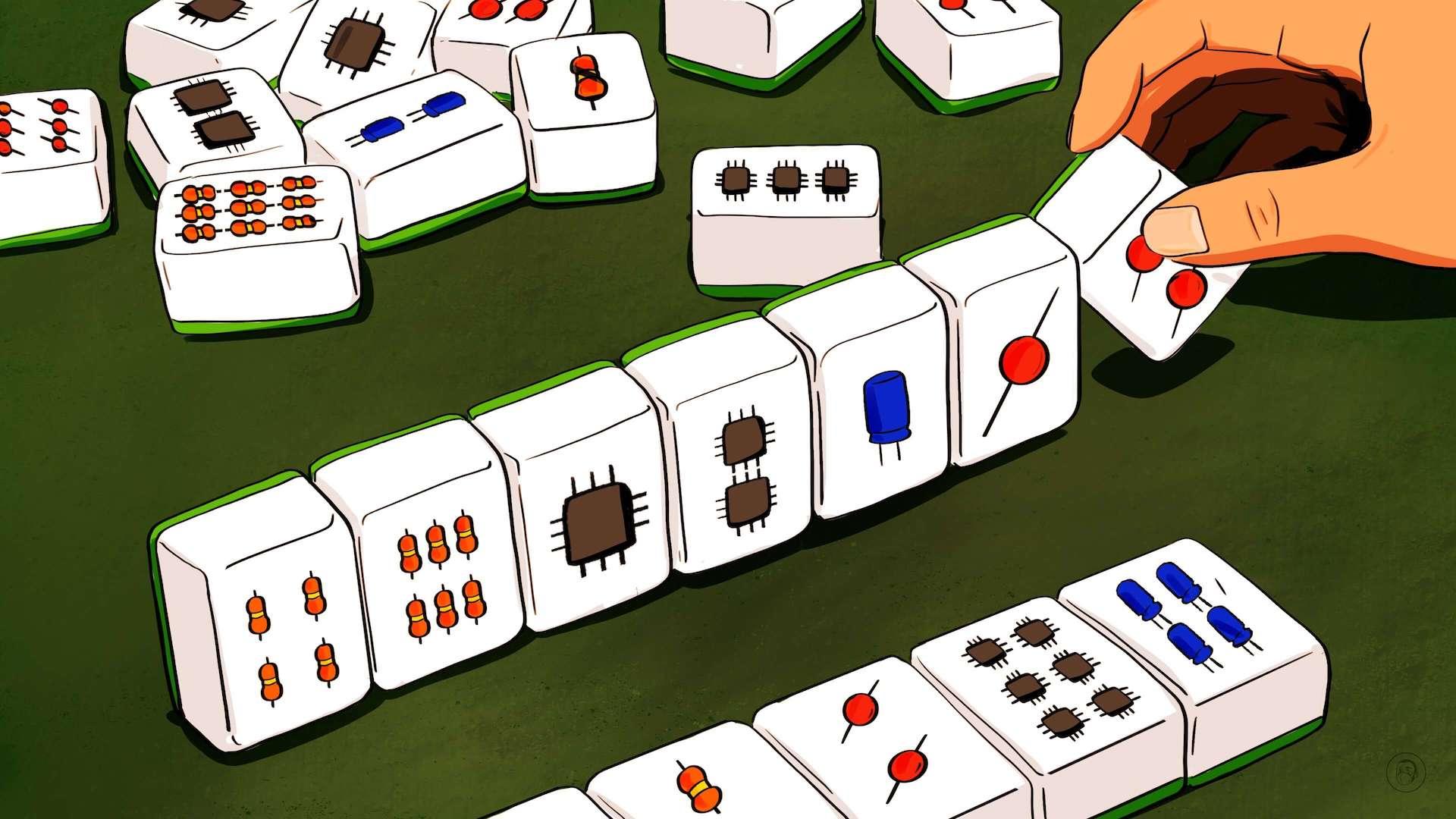 An illustration by Alex Santafe depicting a game of Mahjong with chipsets and electric components
