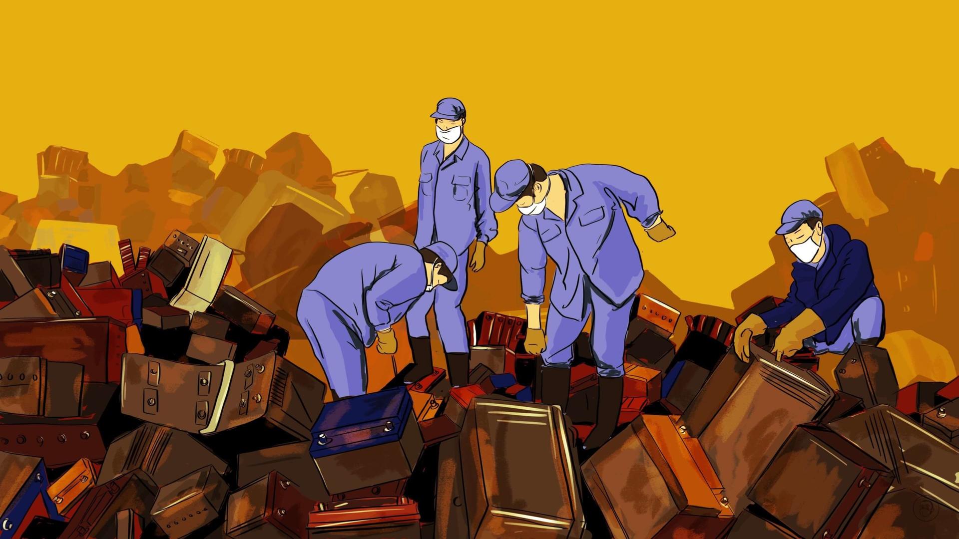 An illustration by Alex Santafe depicting workers on a battery recycling plant in China