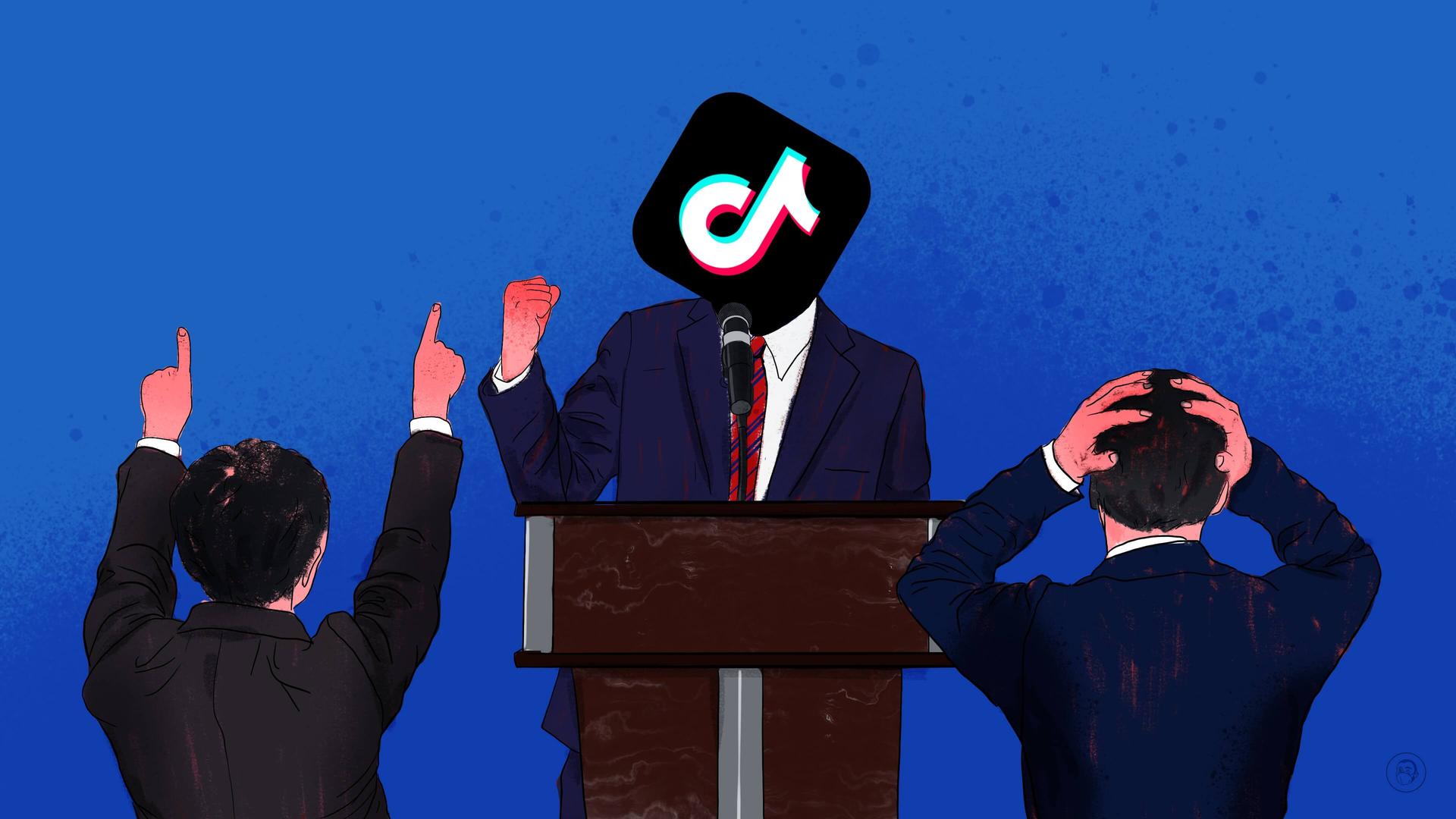 An illustration by Alex Santafe depicting a Tiktok spokesperson with a desperate and an excited members of the audience