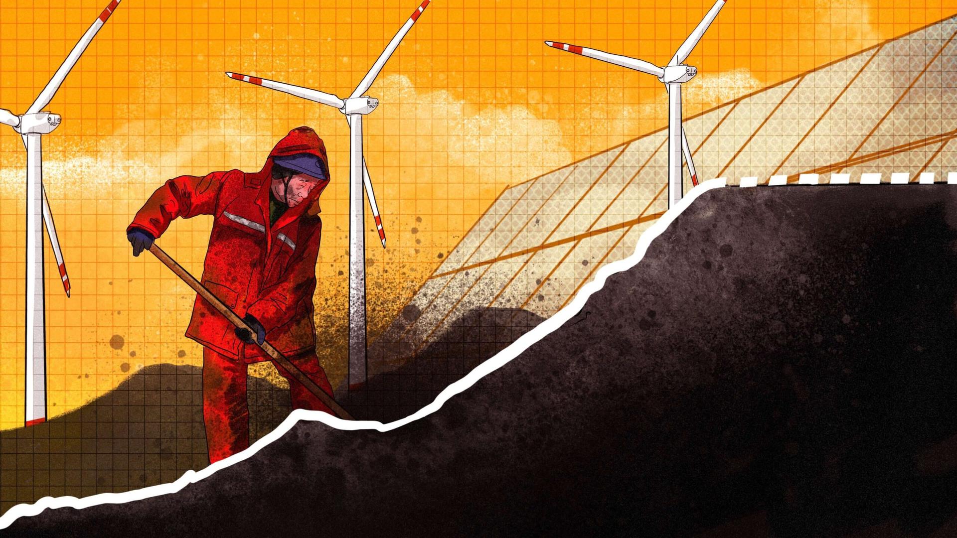 An illustration by Alex Santafe depicting a coal worker shoveling onto a graph with windmills and solar panels in the background