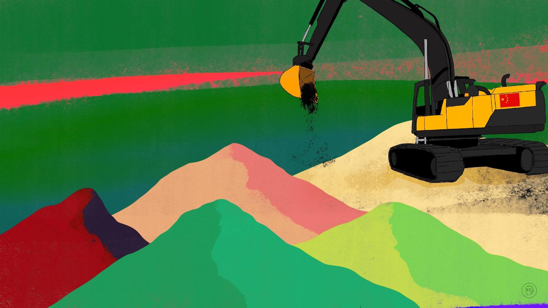 An illustration by Alex Santafe depicting an excavator working on mountains of rare earths of different colors