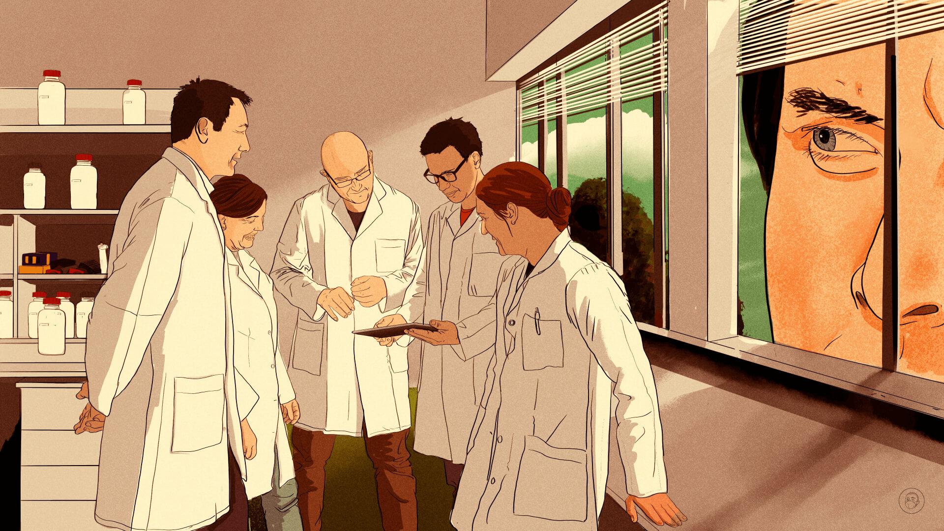 An illustration by Alex Santafe depicting a group of scientists being observed by a man outside