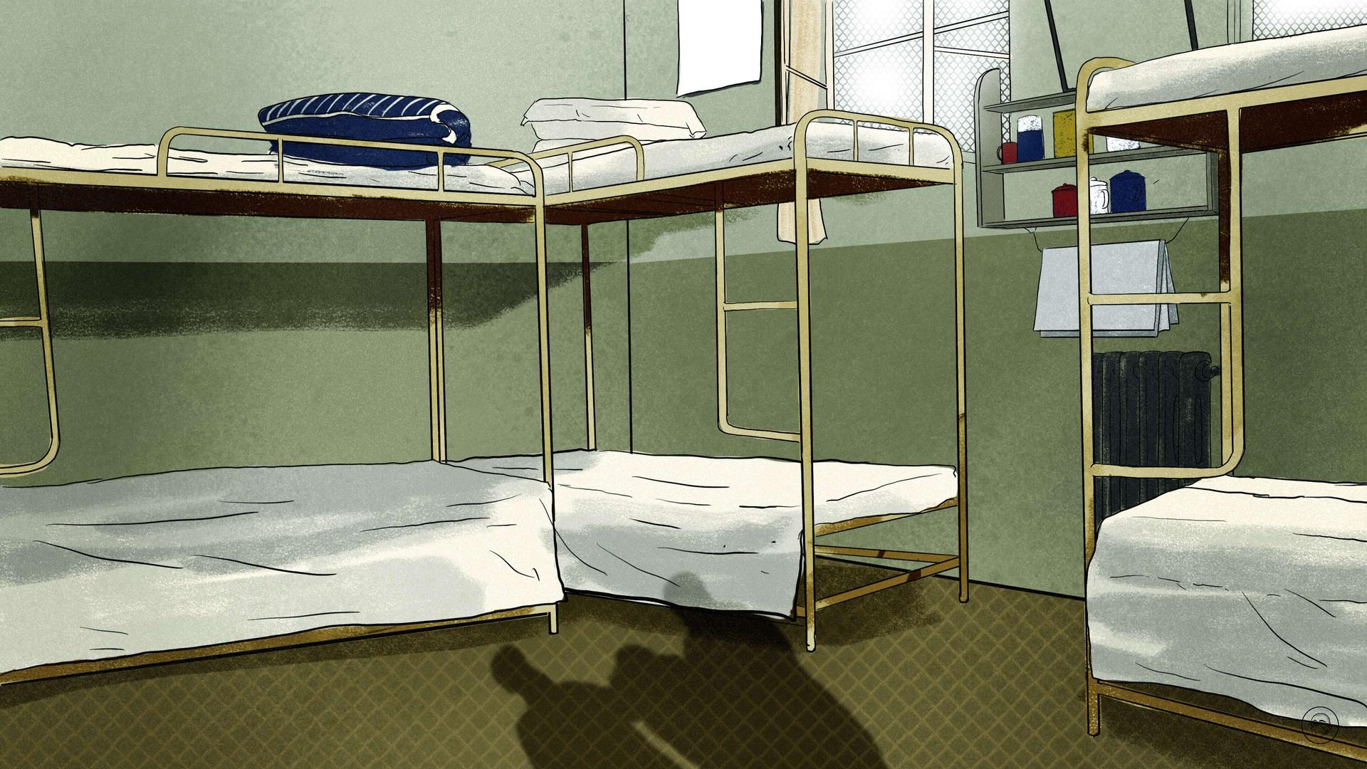 An illustration by Alex Santafe depicting dormitory with bunkbeds