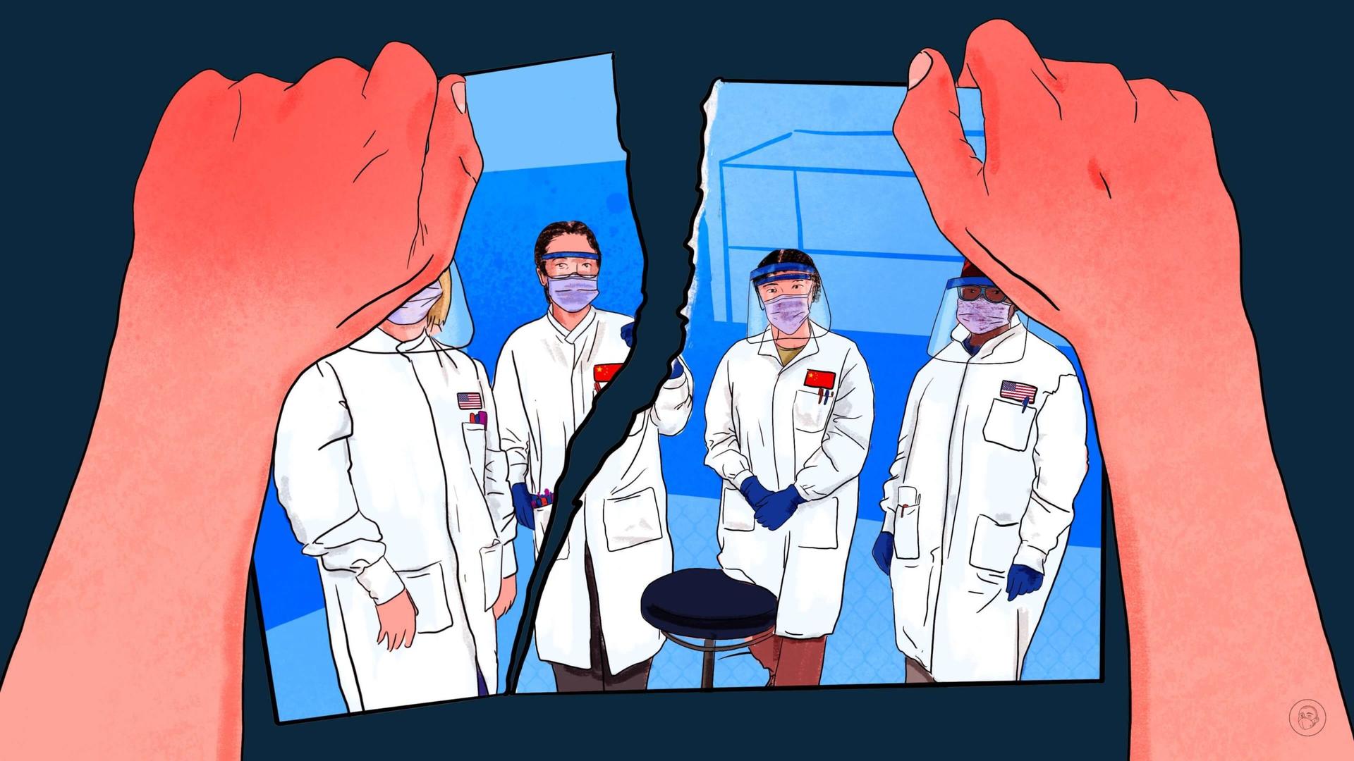An illustration by Alex Santafe depicting 2 hands breaking a picture of a group of American and Chinese scientists posing