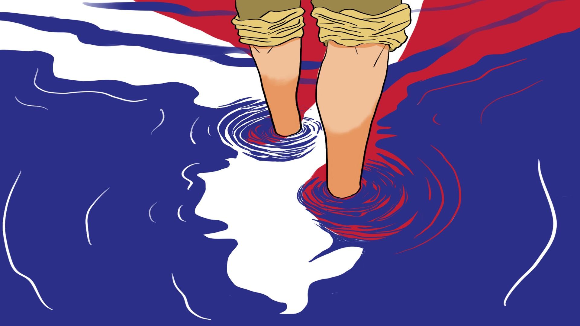 An illustration by Alex Santafe depicting a young teacher of the Peace Corps with hes feet in the water