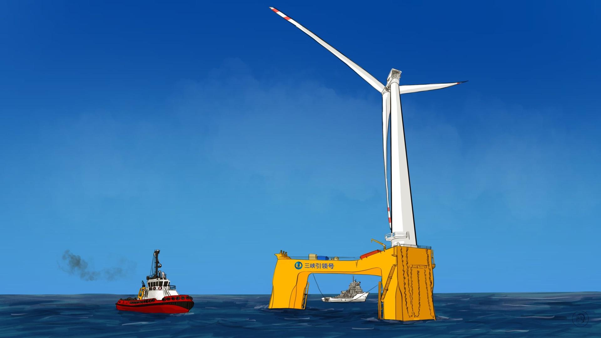 An illustration by Alex Santafe depicting a chinese wind power floating plant