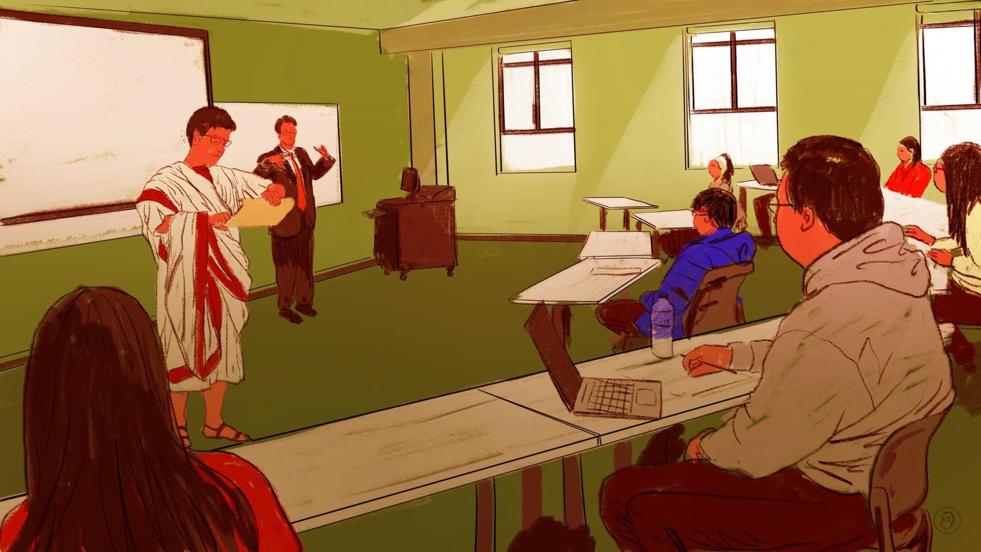An illustration by Alex Santafe depicting a chinese university classroom with a student dressed with a roman toga reading