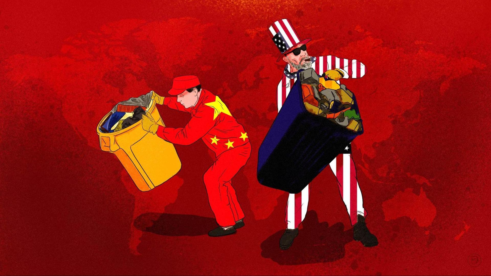An illustration by Alex Santafe depicting a chinese polititian dumping trash on the U.S. alongside an American polititian dressed like uncle Sam, dumping trash on China