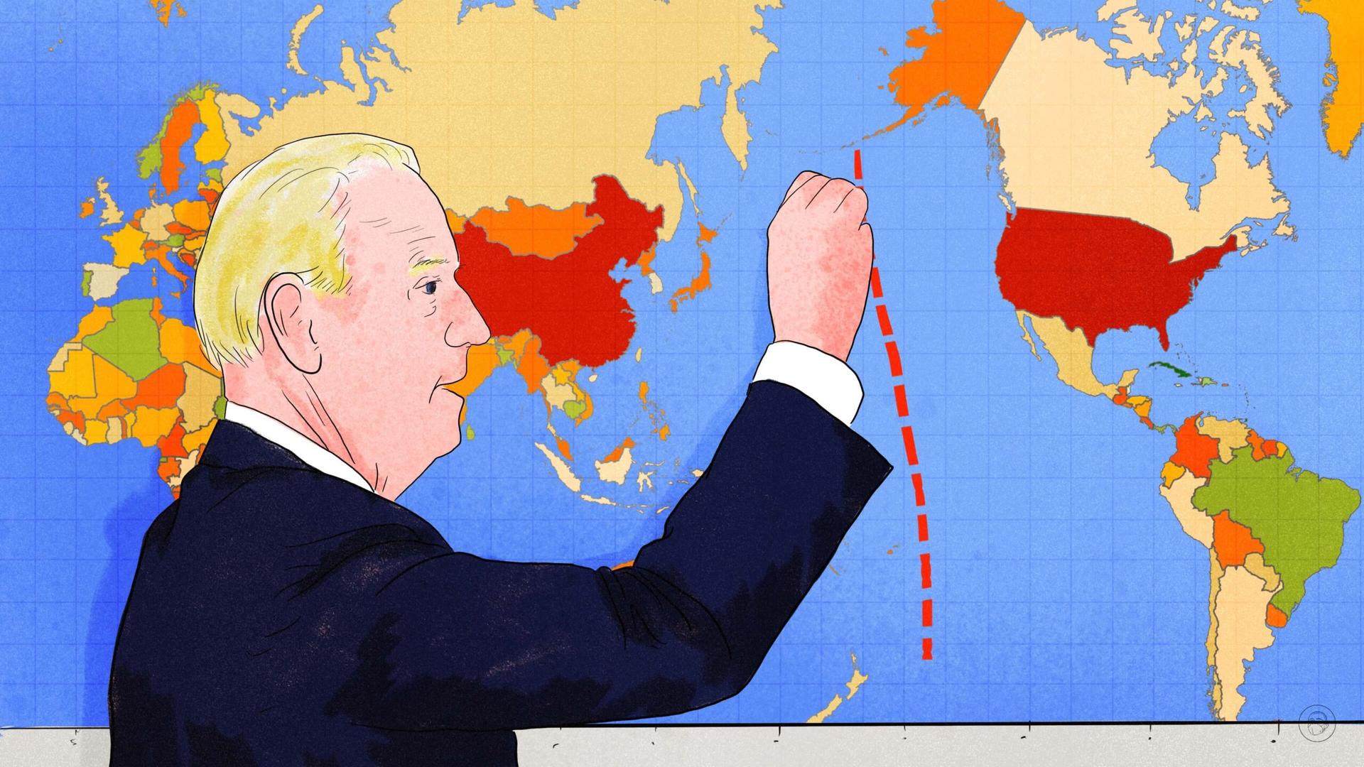 An illustration by Alex Santafe depicting Joe Biden drawing a line on a map