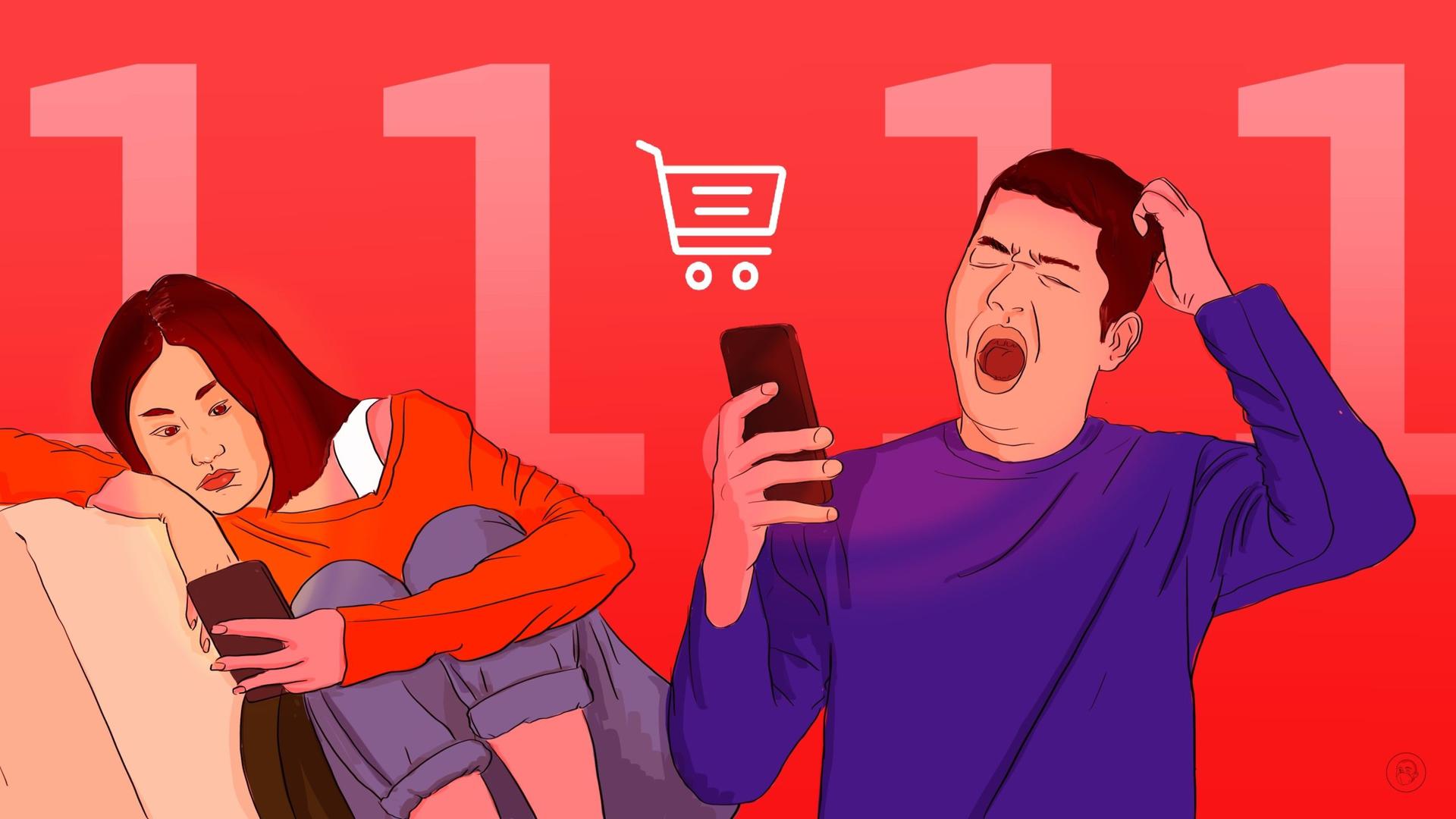 An illustration by Alex Santafe depicting online customers bored of the offers for Singles Day 11
