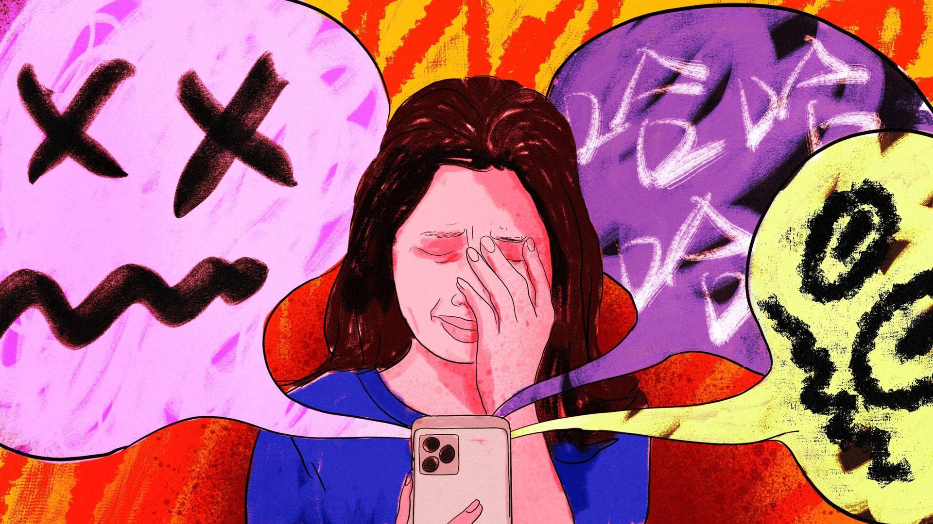 An illustration by Alex Santafe depicting a girl crying while being bullyied over the internet