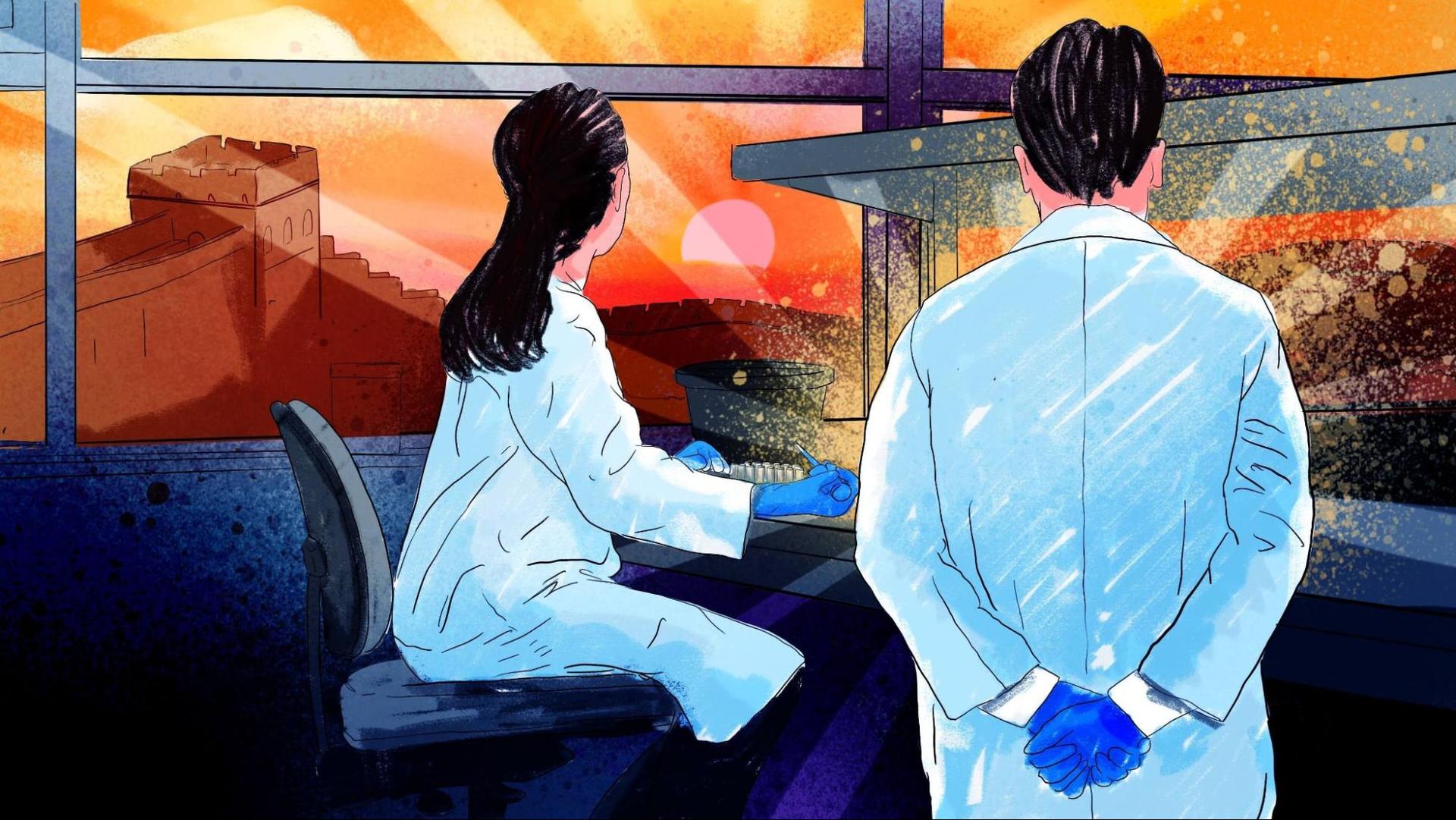 An illustration by Alex Santafe depicting a group of scientists conducting experiments looking at the sun setting in a Western country behind the Great Wall of China