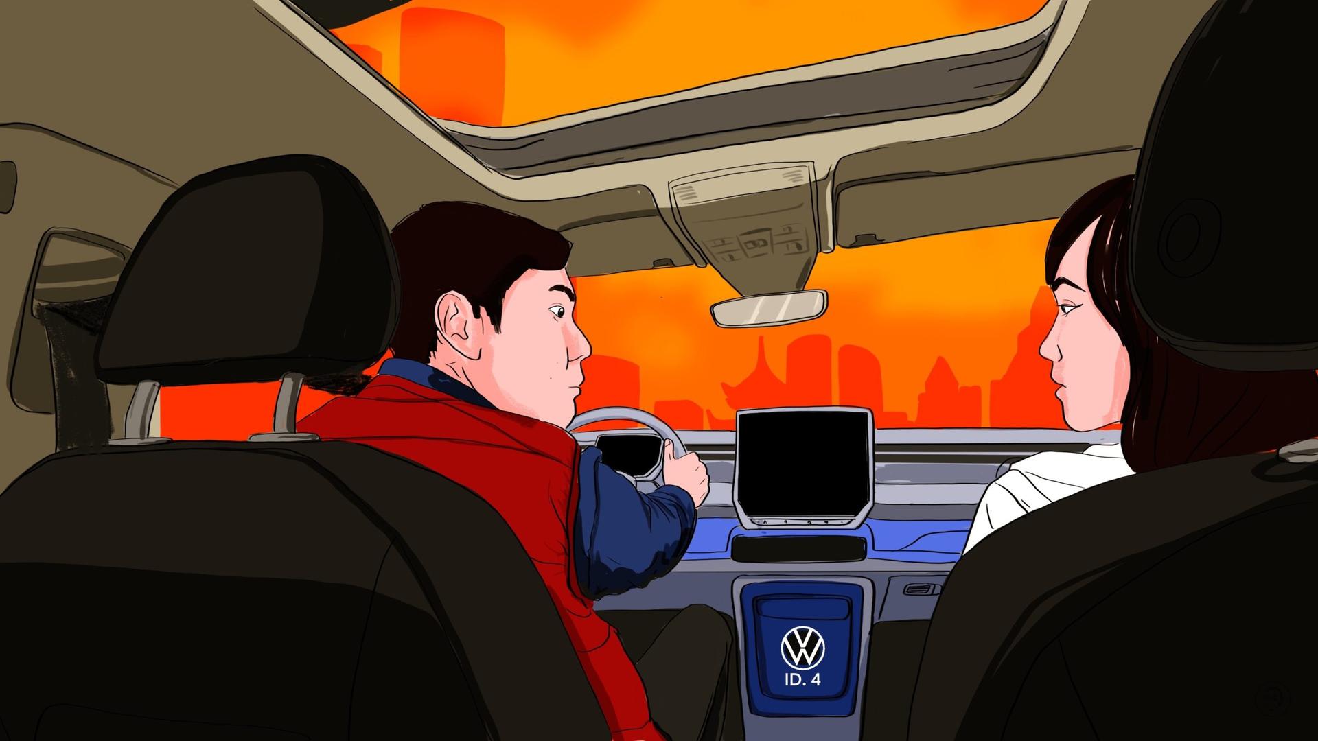 An illustration by Alex Santafe depicting a couple inside a VW car angry