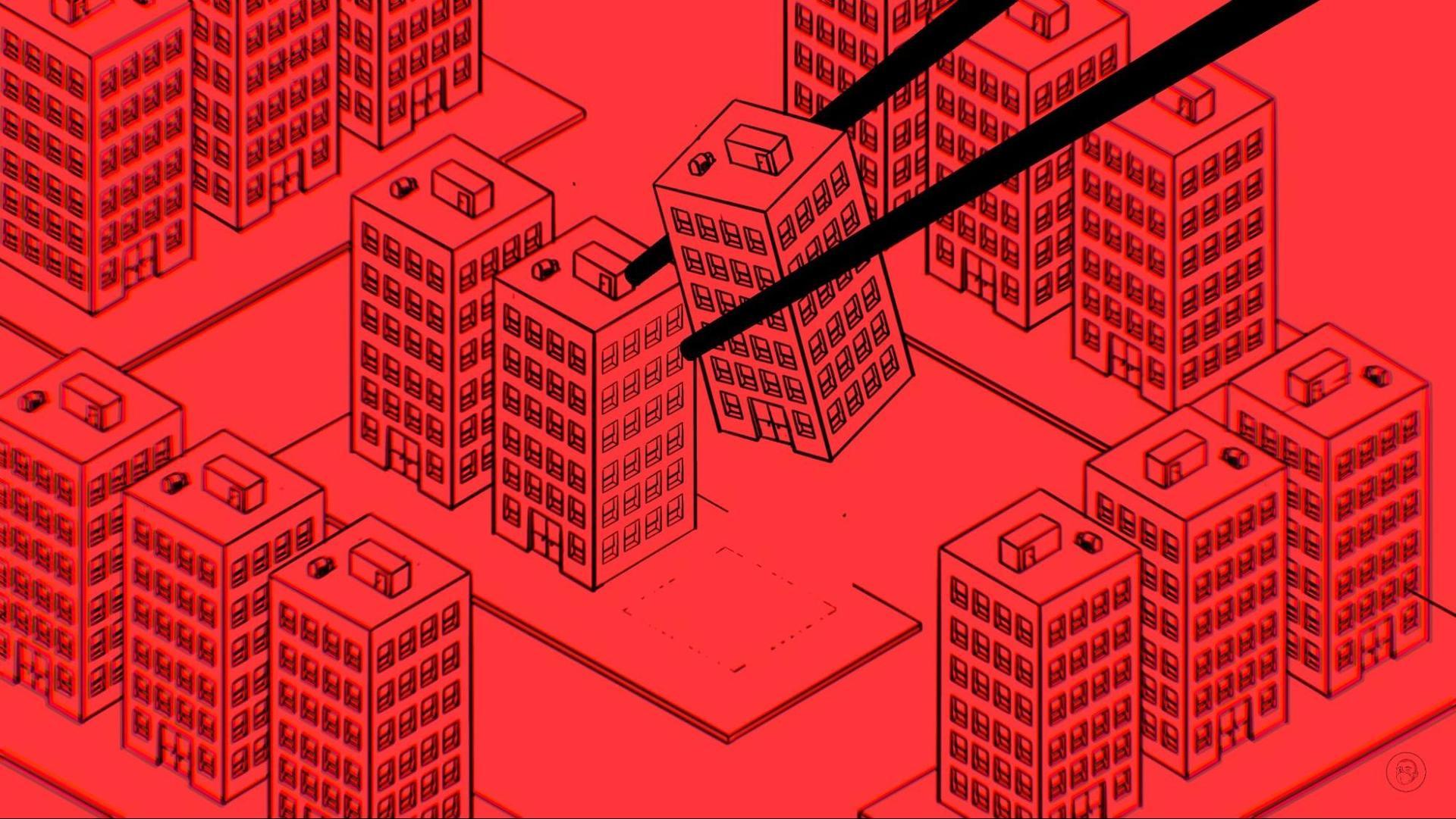 An illustration by Alex Santafe depicting some chopsticks picking a building