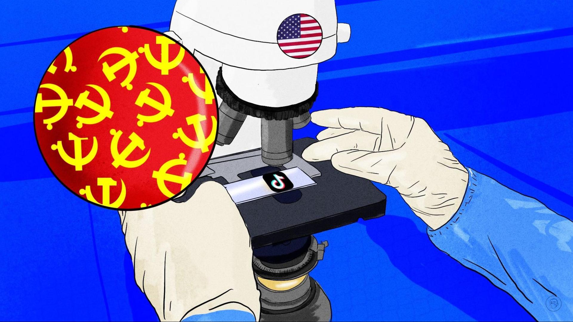 An illustration by Alex Santafe depicting a person looking TikTok under the microscope with a magnifyied version showing the Comunist Party logo (Hammer and Sickle)