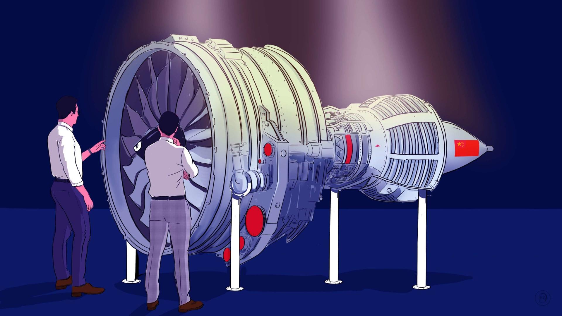 An illustration by Alex Santafe depicting two visitors admiring the new China Jet Engine